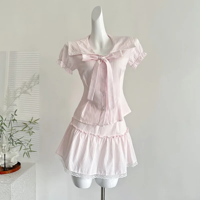 

Korean Sweet Chic 2 Pieces Set For Woman Outfit Kawaii Pink Bow Striped Shirts Lace Patchwork Mini Skirt Summer Two Piece Suits