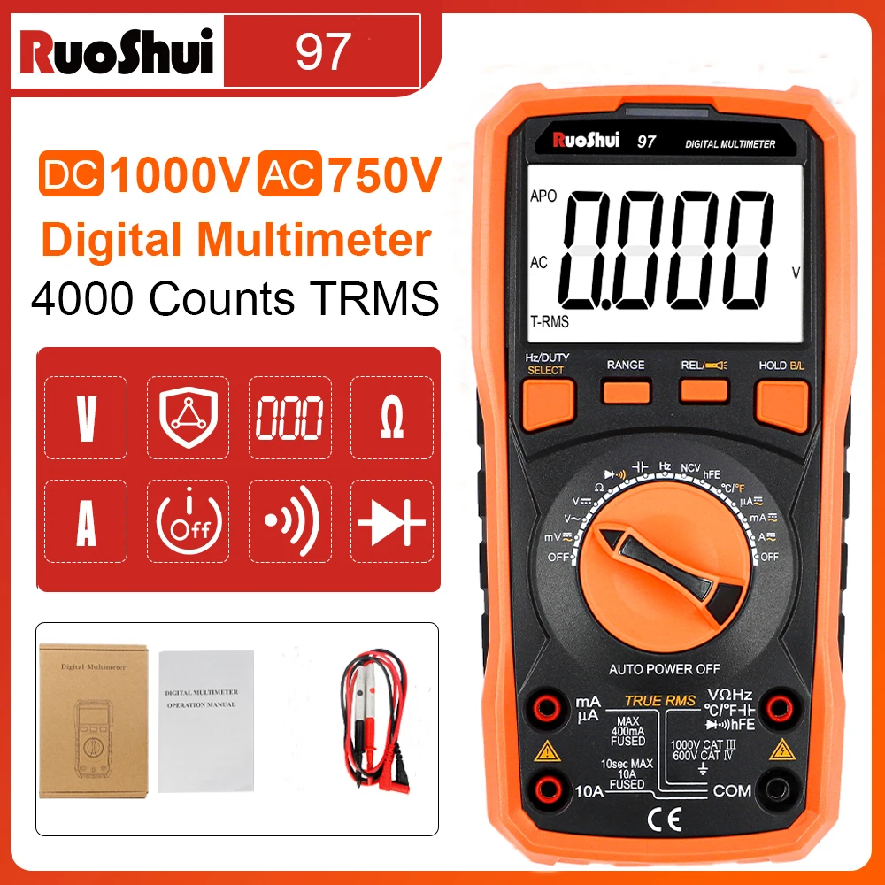 

RuoShuiDigital Multimeter Tester 4000 Counts 1000V DC/750V AC Voltage Meter Auto Range Ammeter Data Hold OHM NCV Electric Tester