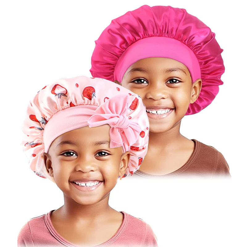 2PCS/LOT Kids Satin Bonnet Sleep Hat Bow Adjust Kids Girls Boys Night Sleep Cap Flower Printed Bonnet  Hair Beanie Shower Cap