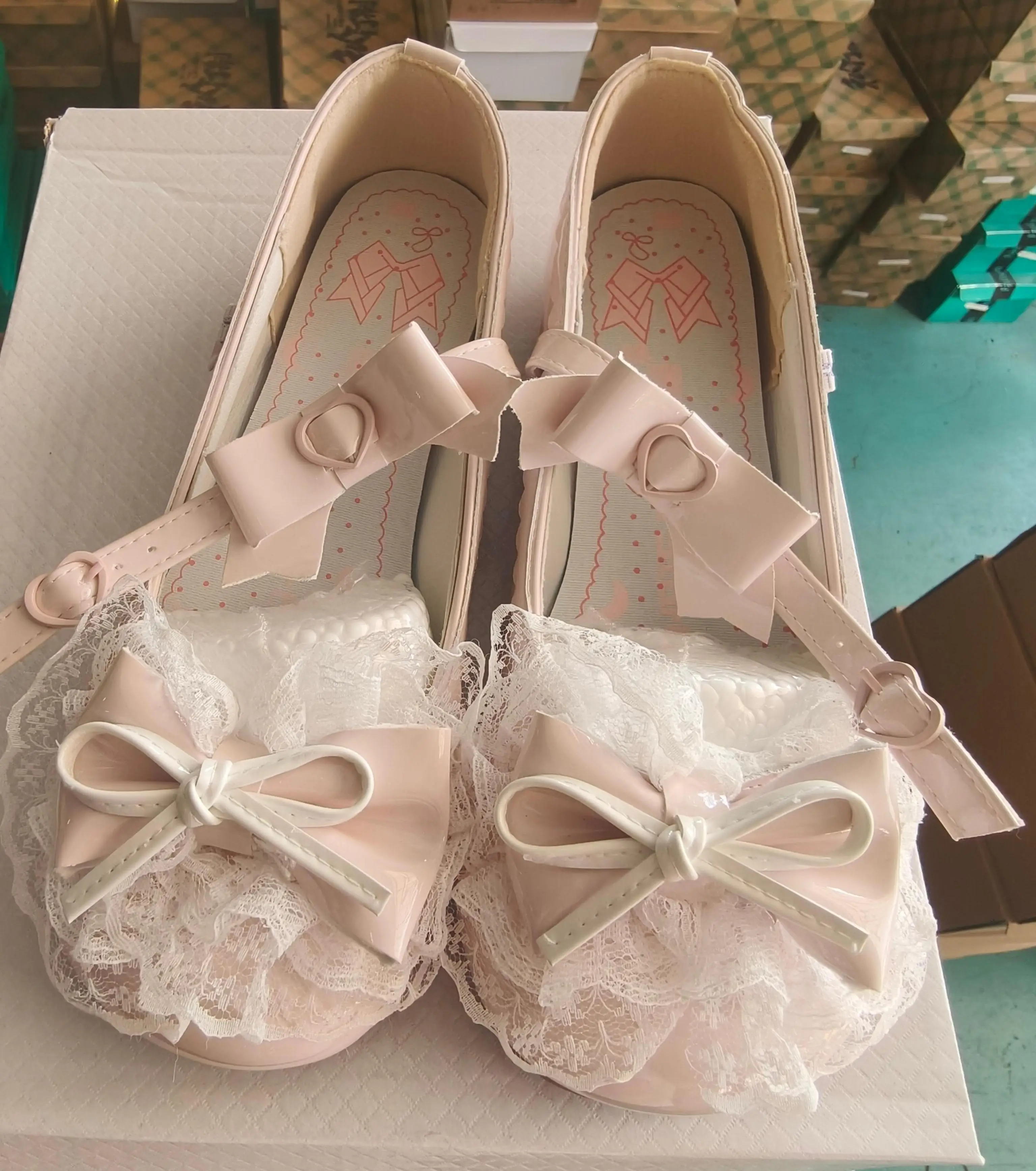 Sweet Girl Pink Mary Jane Fluffy Lace Double Bow Heart Metal Buckle Strap Flat Heel Lolita Daily Cosplay Princess Shoes view 4