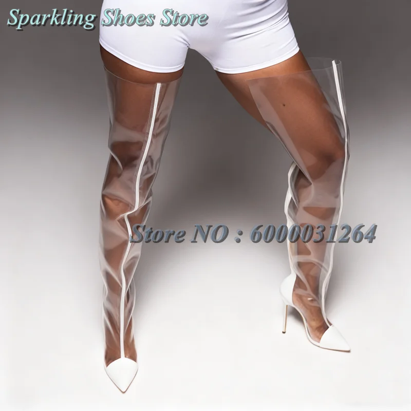 مثير شفافة بولي كلوريد الفينيل المرقعة أحذية الصيف أشار تو الإفراط في الركبة أحذية عالية الصيف خنجر مختلط اللون عالية الكعب حجم 35-44 #3