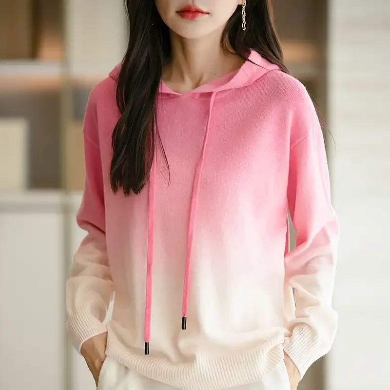 

Women's Coral Gradient Color Knit Hooded Sweatshirt Drawstring Long Sleeve Casual Comfortable Daily Pullover Top