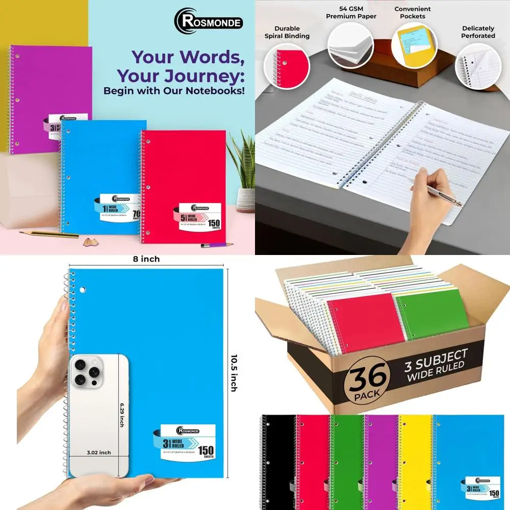 

36-Pack Wide Ruled Spiral Notebooks, 300 Pages, Thick Paper, 8.5 x 10.5, 3-Hole Punched, Assorted Colors