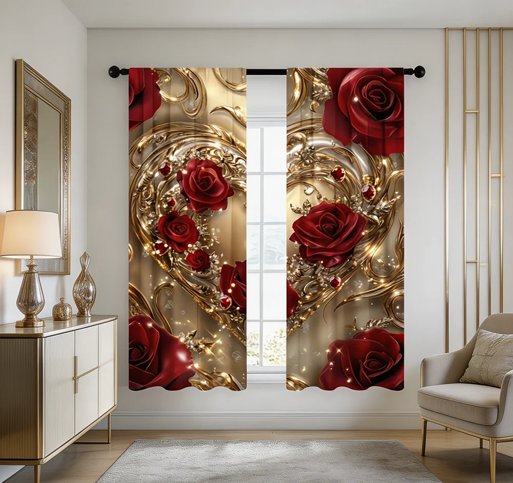 2PCS Digital Printed Curtains with Rose Heart Design, Stylish Window Drapes for Living Room Bedroom Home Decoration and Kitchen