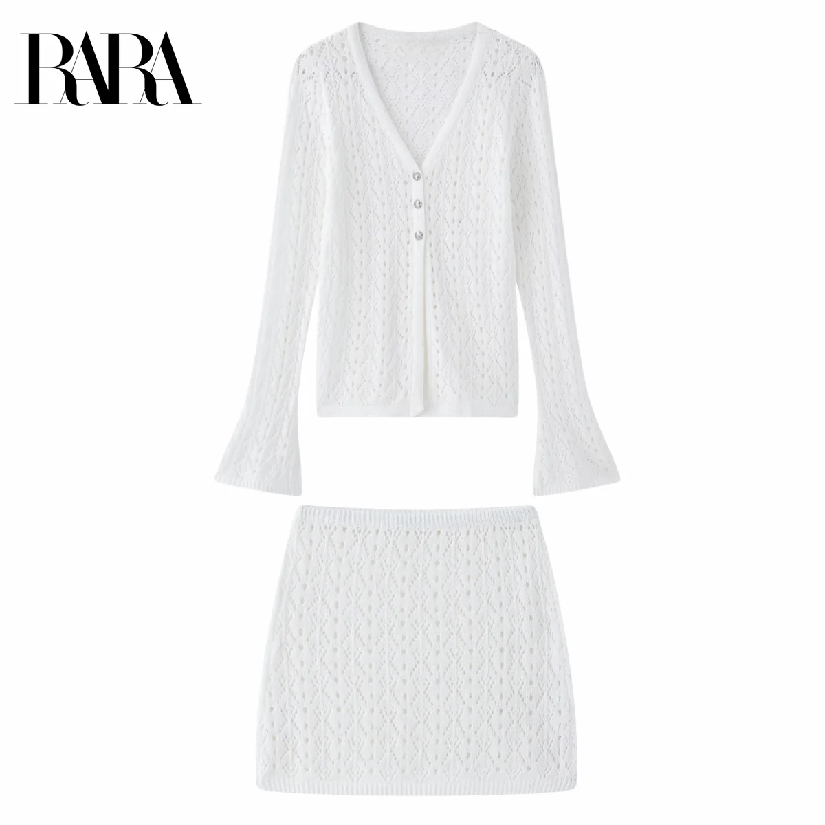 

RARA Womens Sexy Hollow Out V Neck Top and Cutout Short Skirt Set Stylish Knitted Design Ladies Fashion Ensemble