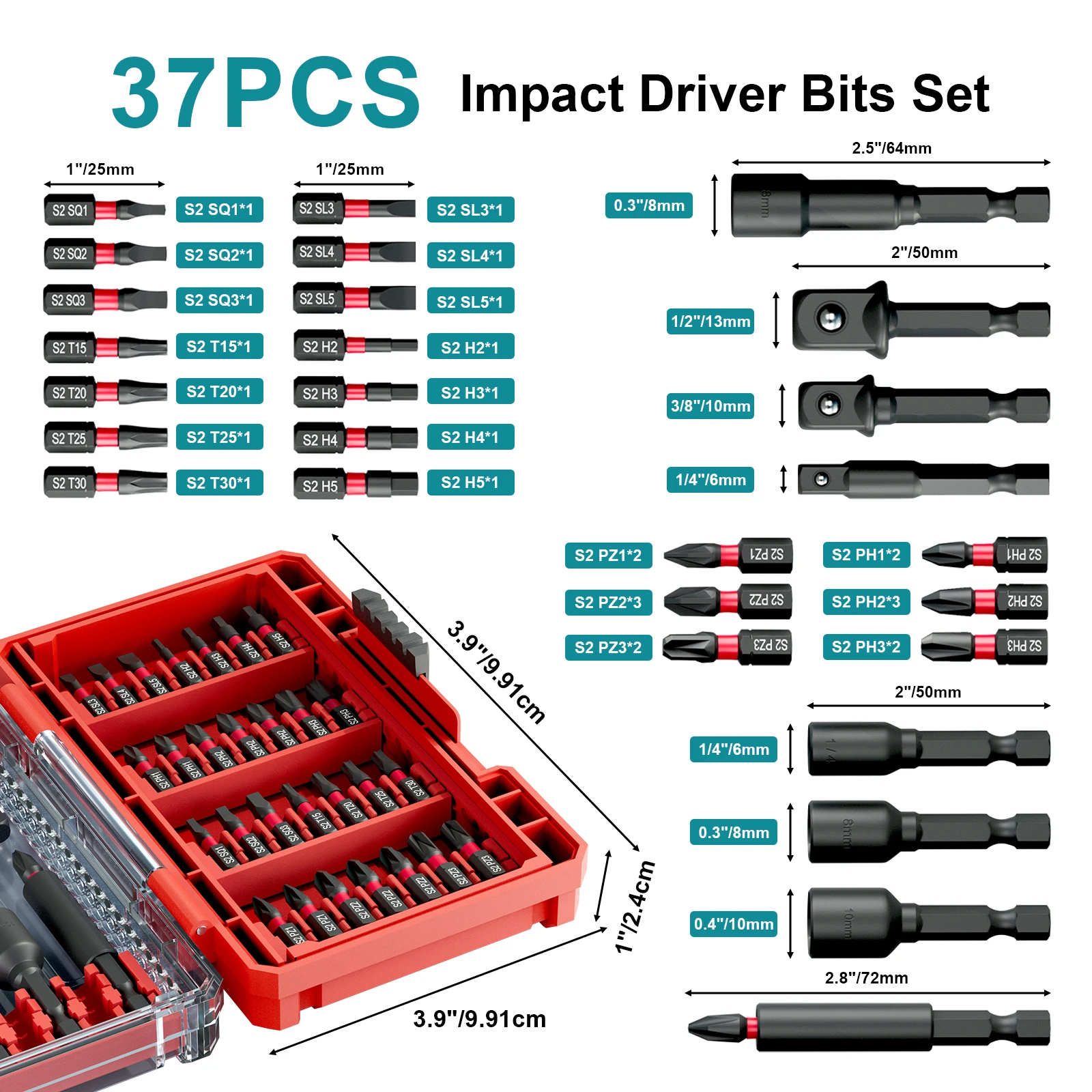 37PCS Impact Driver Bits Set Strong Magnetic Head Powerful Torque Convenient Storage Hex Shank to Square Drive Adapter