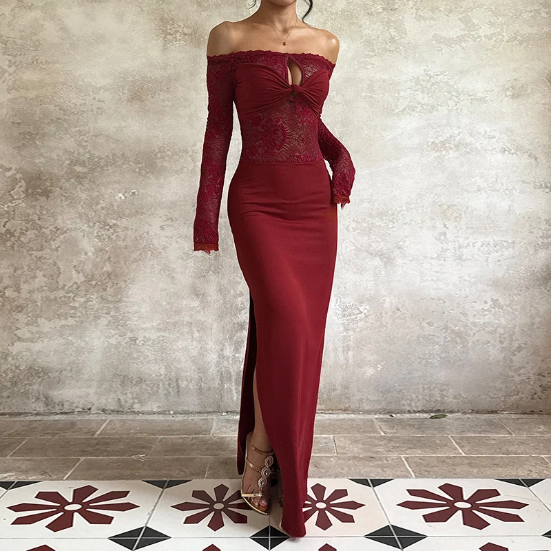 

OMSJ красное сексуальное очаровательное женское кружевное платье с разрезом на шее и открытыми плечами, облегающее платье с рюшами и открытой спиной, длинное платье с разрезом, клубная одежда