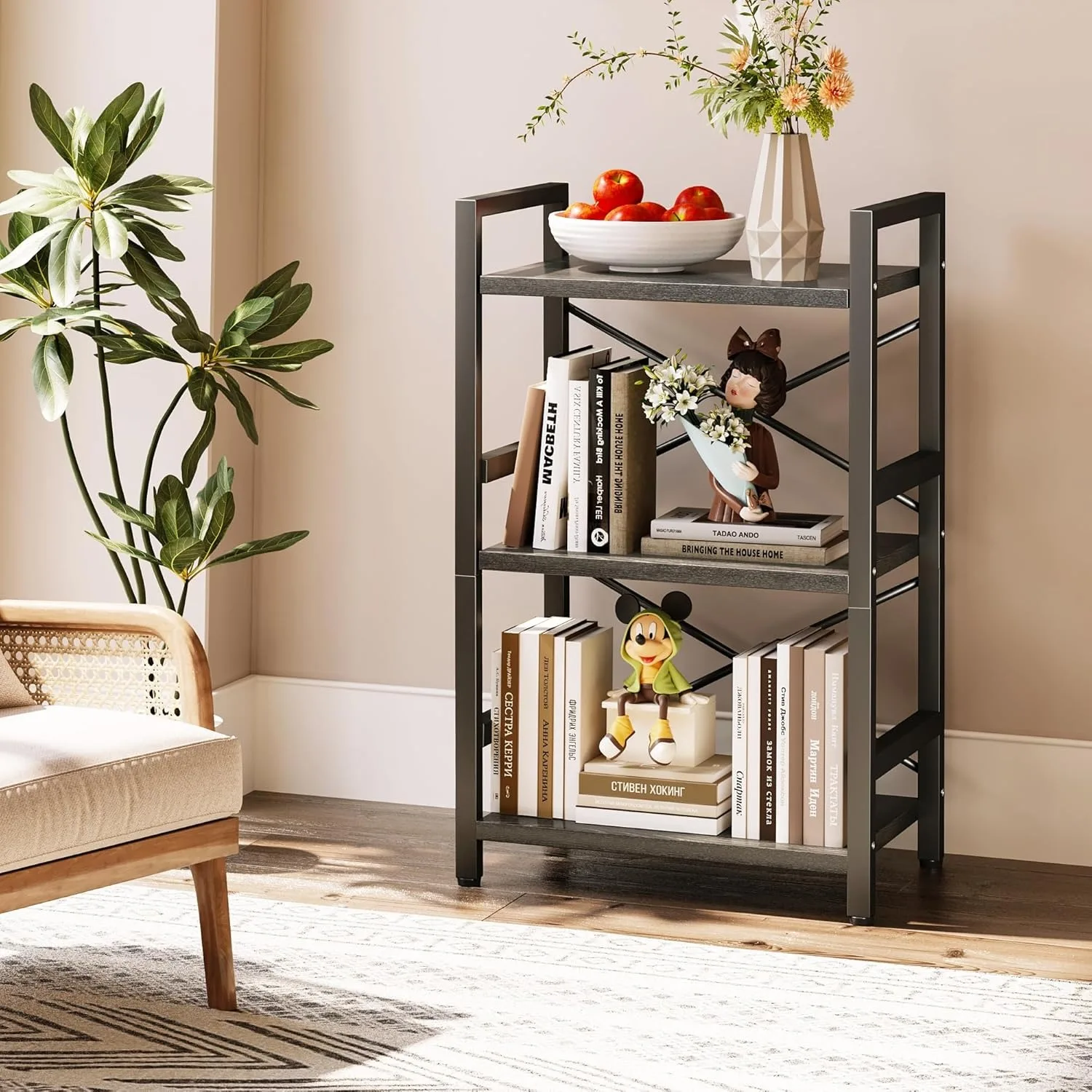 Bookshelf, 3 Tier Industrial Bookcase, Metal Small Bookcase, Rustic Etagere Book Shelf Storage Organizer for Living Room,Bedroom