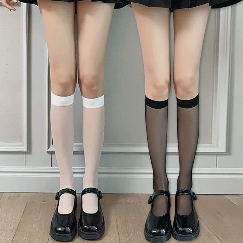 Meias longas para o joelho feminino, meias finas de verão Lolita, uniforme sexy JK, preto, branco, meias de nylon, meninas