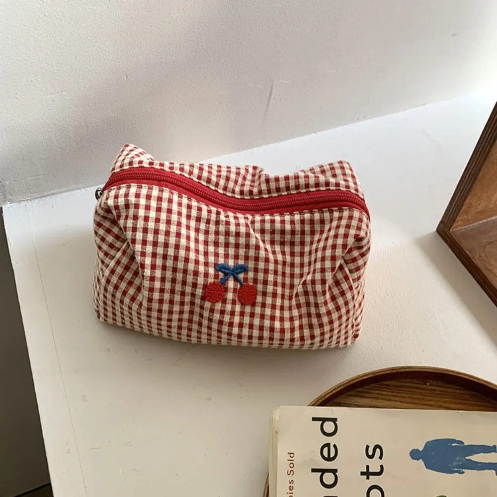 Simple Cotton Plaid Makeup Bag Multifunctional Cloth Toiletry Organizer Bag Large Capacity Purse Cherry Cosmetic Bag Travel