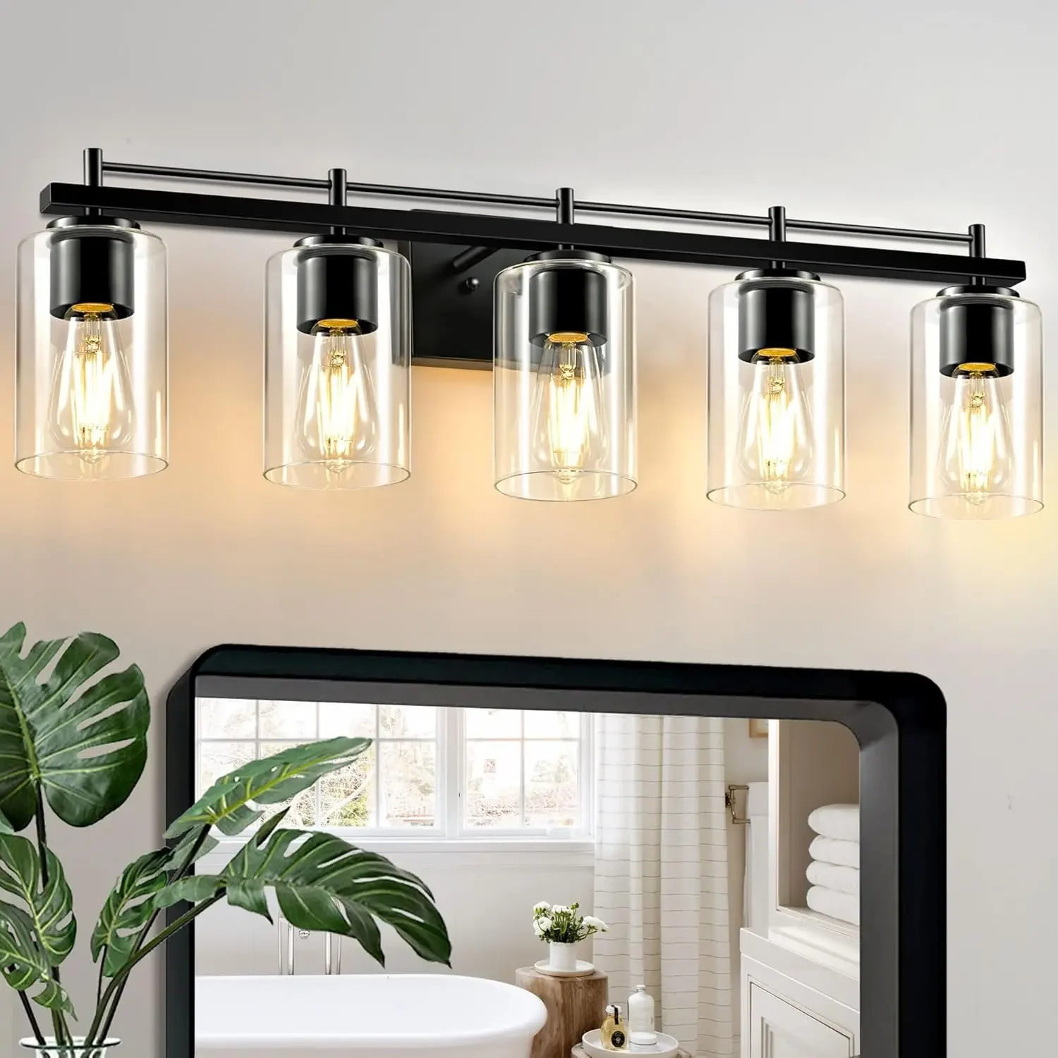 

5-Light Modern Bathroom Light Fixtures: Black Vanity Light with Clear Glass Shade, Bath Vintage Wall Mounted Lamps for Mirror