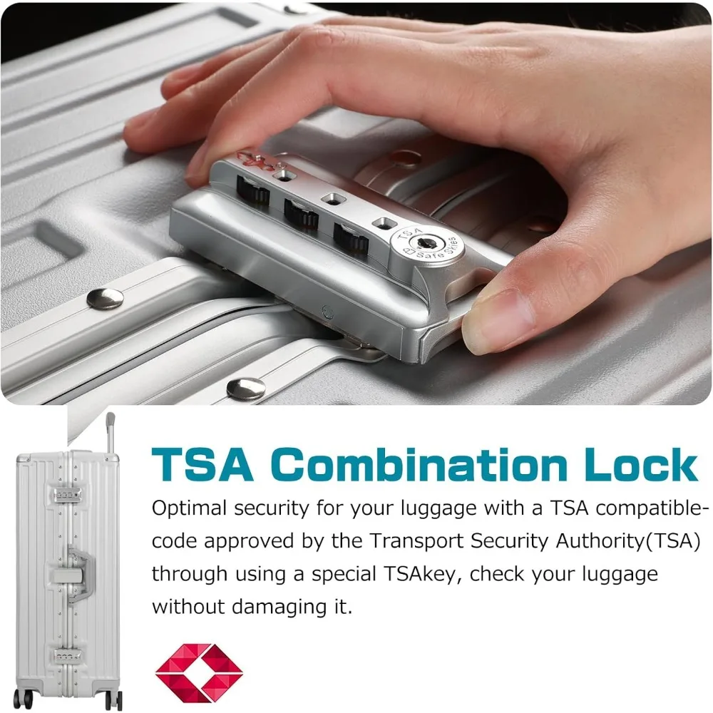 Maleta de equipaje con cerradura TSA de carcasa dura con marco de aluminio, sin cremallera, esencial de viaje plateado de 28 pulgadas