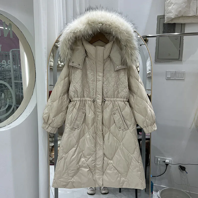 

2022 New High Quality Women Down Coats Real Fur Collars Adjustable Waist Winter Warm Long White Down Jackets Casual Outerwear