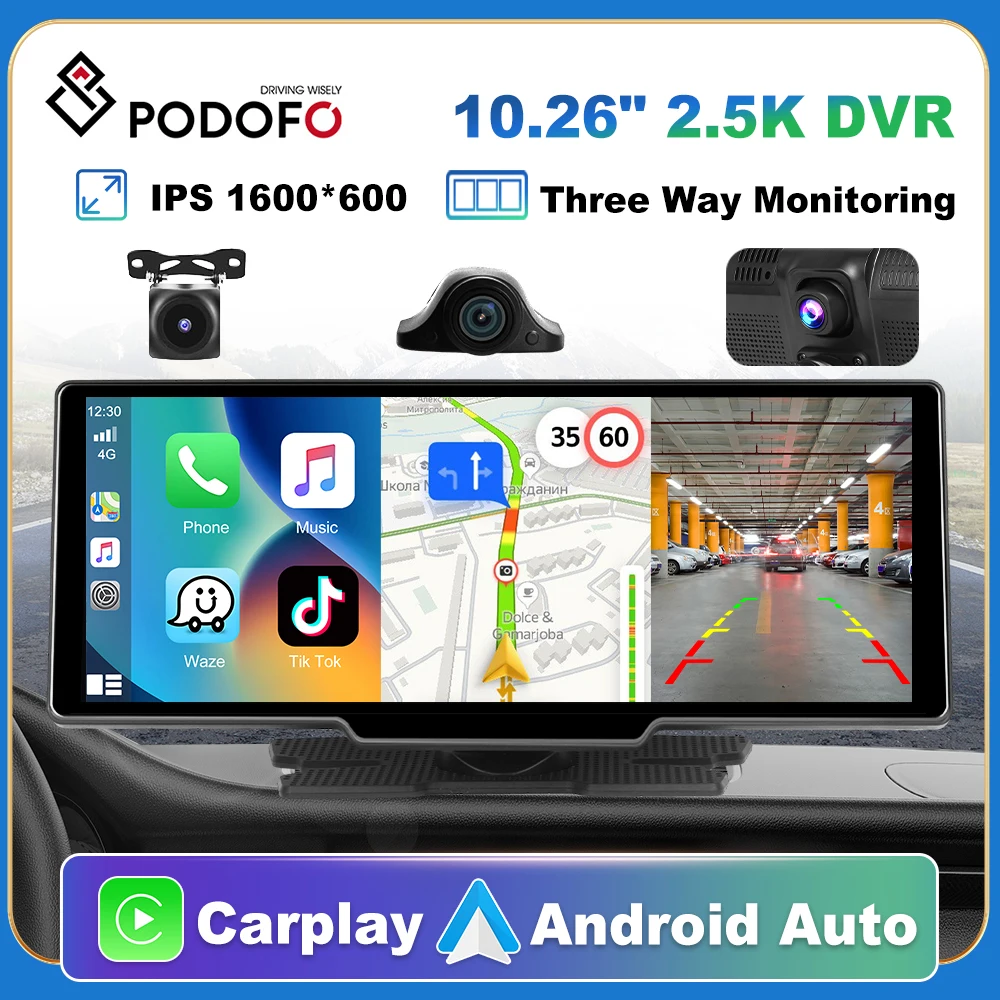 Podofo 10'' Dash Cam Rearview Camera Carplay & Android Auto 2.5K Video DVR Navigation Recorder Dashboard Car Mirror 24H Park AUX