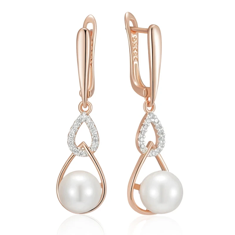 Wbmqda Luxury Pearl Women\'s Long Drop Earrings 585 Rose Gold Silver Color Ethnic Wedding Party Fine Zircon Jewelry Accessories