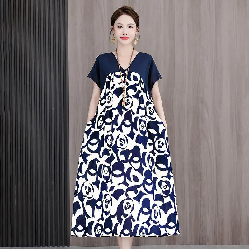 Oversized Women Clothes Office Lady Patchwork O-neck Midi Dress Ladies Fashion Printing Loose Vintage Dress Women's Floral Dress