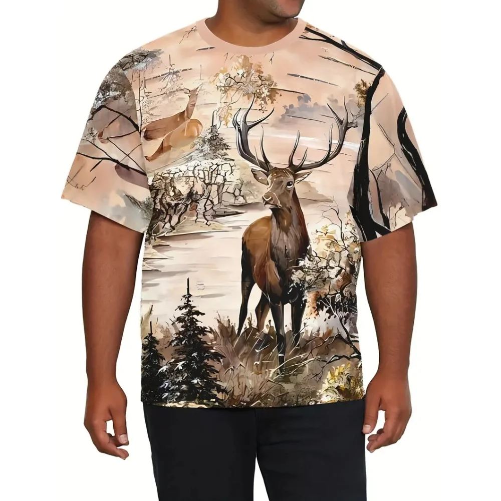 Elk Animal Forest Series Men\'s T-Shirt Fashion Short Sleeve Summer 3d Printed Men Clothing T Shirt Men Vintage Daily Casual Tops