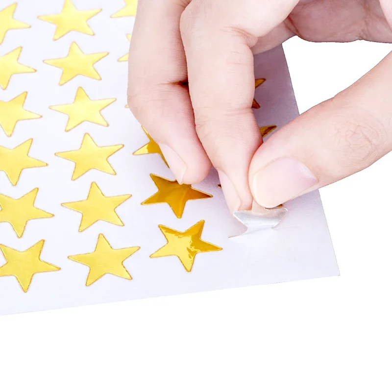 Gold Star Stamping Five Pointed Star Sticker, Etiqueta de recompensa infantil, Etiqueta de louvor do professor, 10 folhas por saco