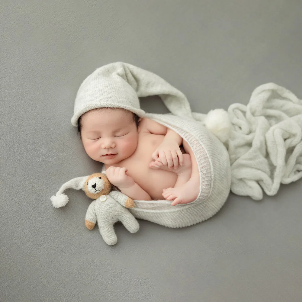 Реквизит для фотосъемки новорожденных, эластичная шерстяная упаковка | Вязаная шапка Goodnight + набор кукол, простой студийный реквизит для фотосессии