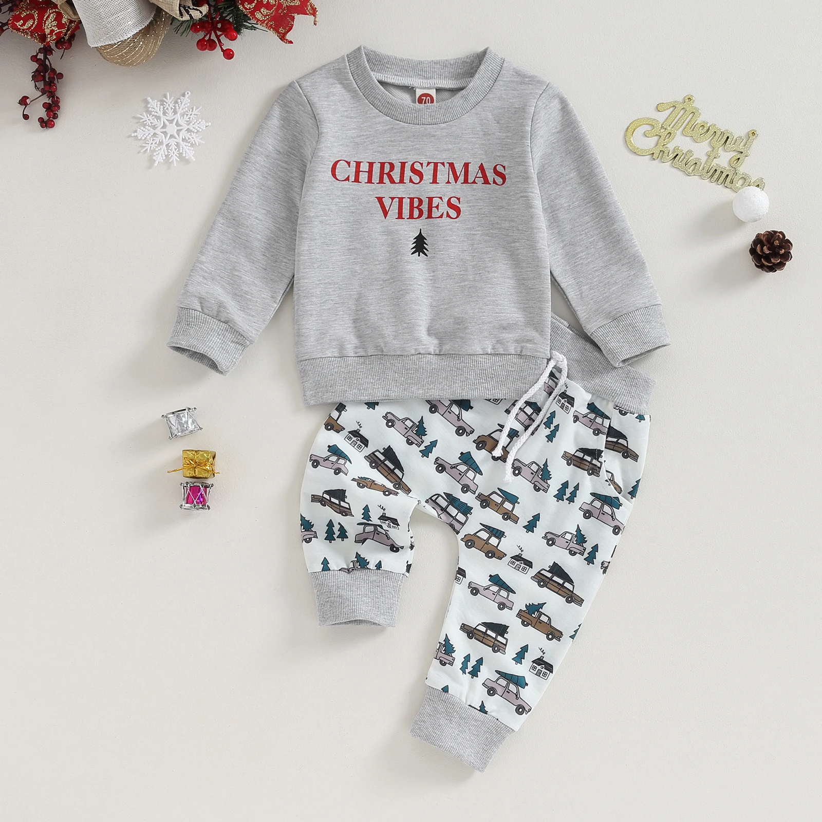 Baby Boy 2 Piece Outfits Christmas Print Long Sleeve Sweatshirt and Elastic Pants for Toddler Fall Clothes