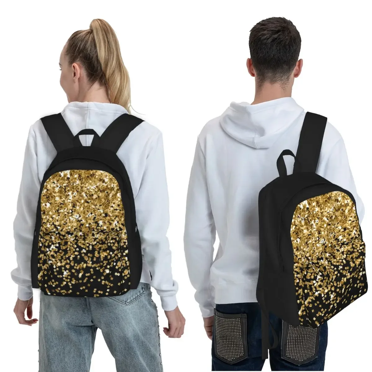 Black And Gold Glitter Pattern Student Backpack School Bag Hiking Travel Daypack for Boys Girls Fashion Bookbag Shoulder Bags