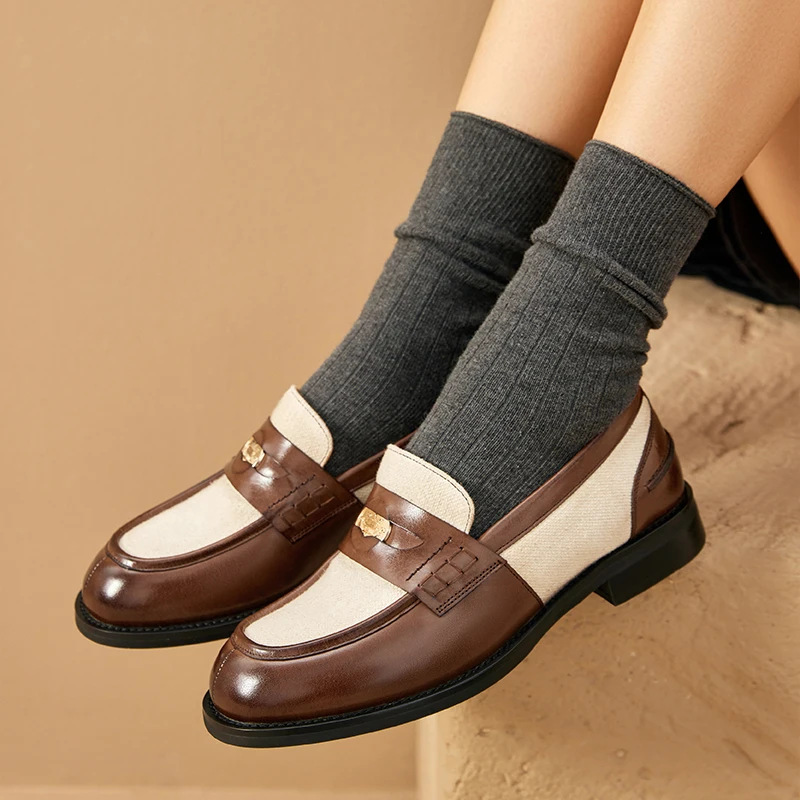 BEAUTODAY Moccasin Loafers Women Genuine Leather Slip On Round Toe Patchwork Ladies Vintage Penny Shoes Handmade 26250