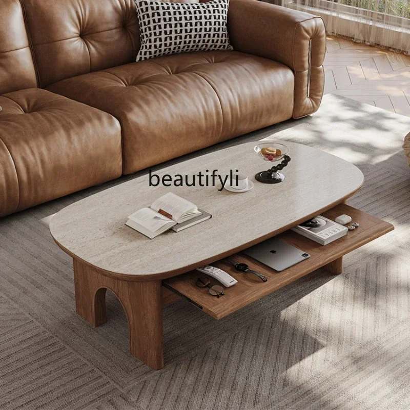 Living room simple household tea table antique walnut retro cave stone rock slab coffee table