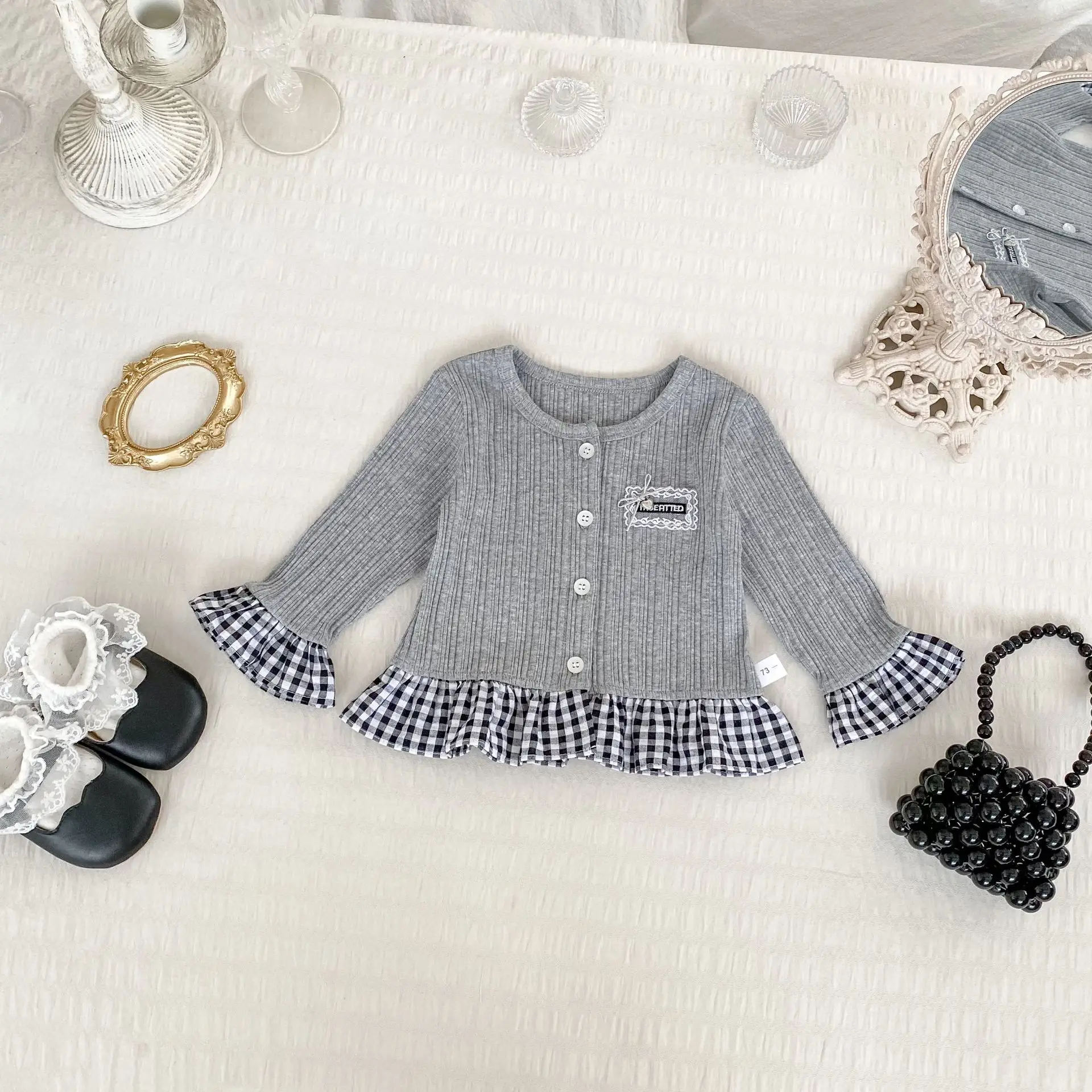 2026 Spring New Girls Preppy Style Coat Solid Children Long Sleeve Knitted Cardigan Baby Cute Plaid Lace Tops Toddler Clothes