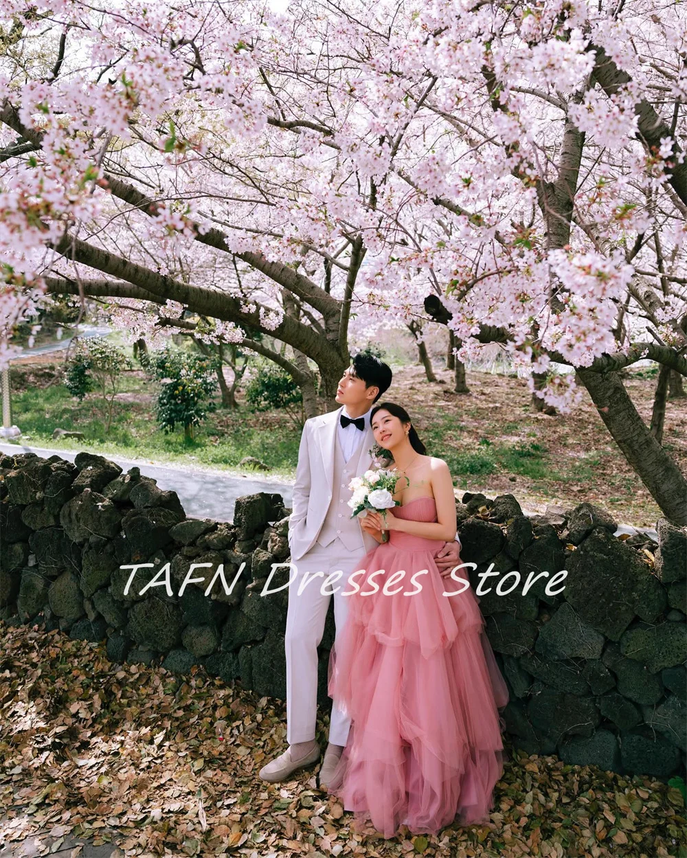 TAFN Fairy Pink Tulle Evening Dresses A line Korea Garden Wedding Shoot Dress Long Tiered Corset Custom Made Bridal Party Gown