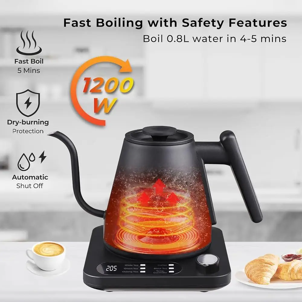 Bollitore elettrico a collo di cigno Controllo della temperatura di precisione 5 preimpostazioni ±5 ° Regolazione F 1200 W Bollizione rapida 2 ore Mantieni caldo Display in tempo reale