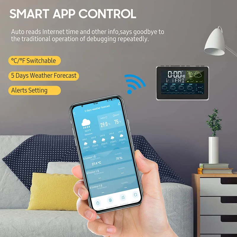 Tuya WiFi Smart Weather Station APP Control Digital Temperature Humidity Monitor, 5 Days Weather Forecast, 3 Alarm Clock Models