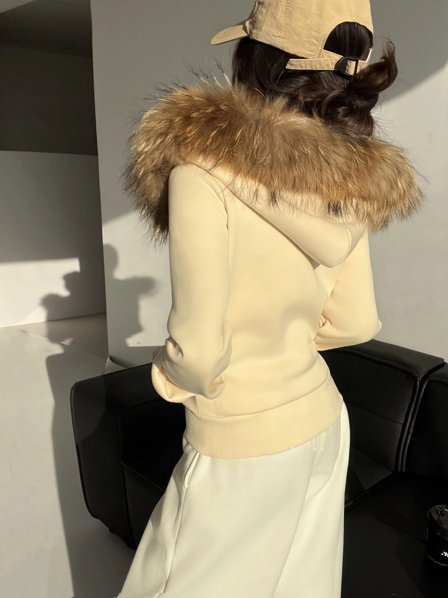 레트로 아메리칸 스타일 여성용 코트 리얼 퍼 칼라 후드 가디건 캐주얼 슬레 코튼 폴리에스터 혼방