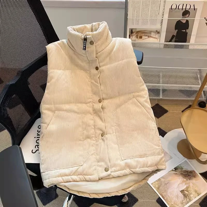 Women\'s Vest 2024 Autumn Winter New Loose Versatile Corduroy Stand up Collar Vest Women\'s Short Down Cotton Jacket Solid Color