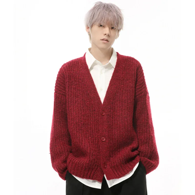 SYUHGFA 2024 Korean Style Men's Cardigan Big V-neck Single Breasted Vintage Casual Knitting Tops Casual Menswear Sweaters Chic