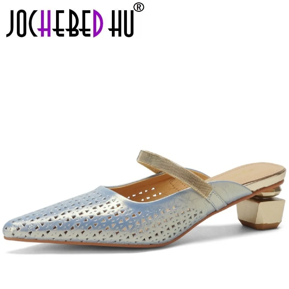 

【JOCHEBED HU】Women's Handmade Genuine Leather Mid Heel Sandals Summer New Toe Wrap Pointed Toe Breathable Ladie 34-40