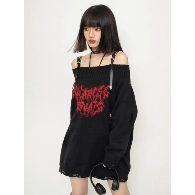 Harajuku Gothic Sexy Off Shoulder Knitted Jumpers Grunge Jacquard Sweater Fashion Knitwear Y2k Aesthetic Slash Neck Sweater