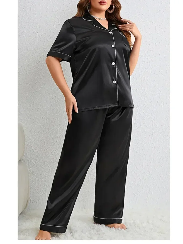 

Plus Size Silk Satin Women Pajama Sets Solid Short Sleeves Top & Long Pants 2 Pieces Sleepwear Notched Collar Button Nightwear