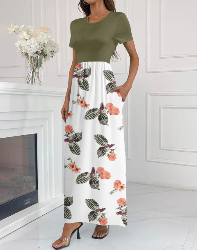 ผู้หญิงพิมพ์ลายดอกไม้แขนสั้นชุดเสื้อผ้าหญิงฤดูร้อนใหม่ผู้หญิงรอบคอลําลองเอว A Line Maxi ชุดกระเป๋า