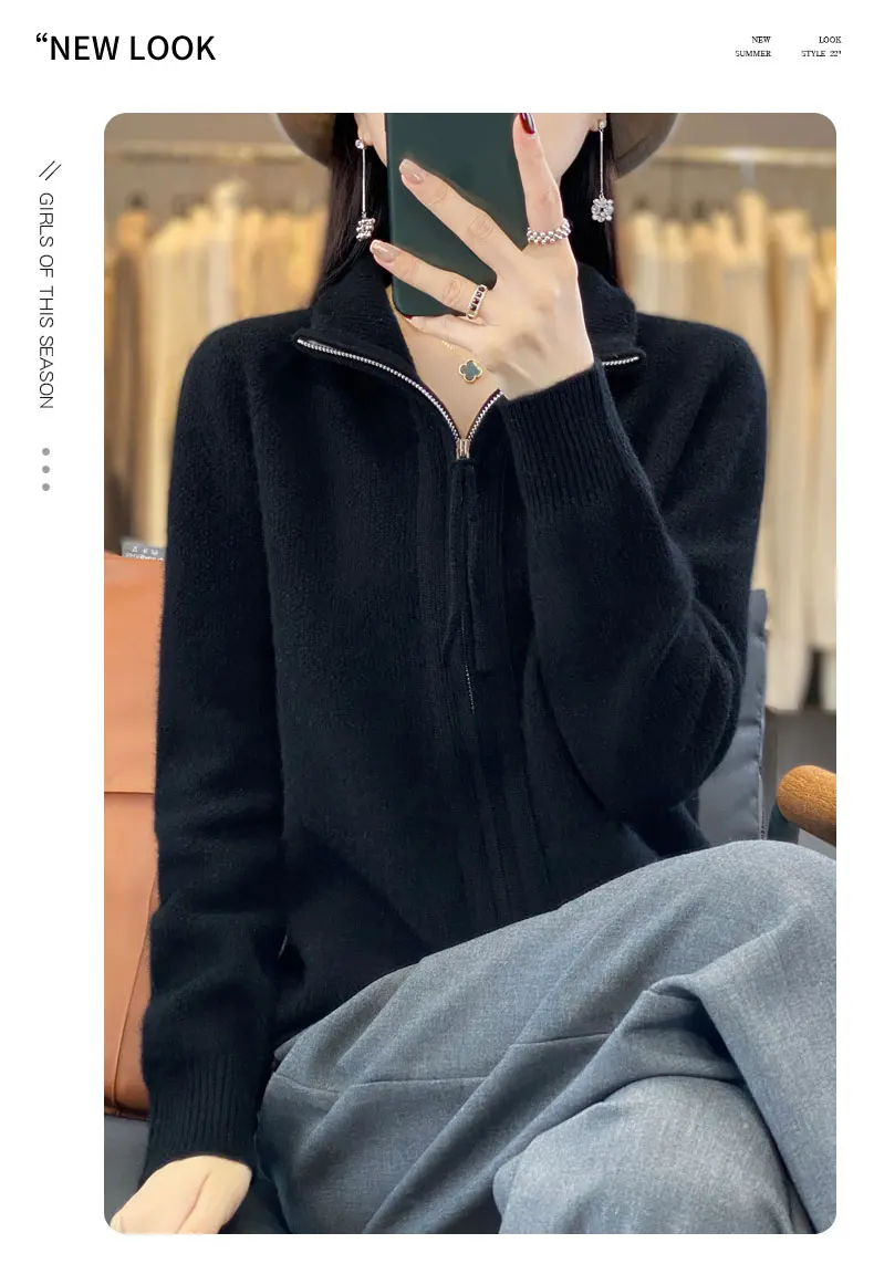 Autumn And Winter New Thick Two-Way Zipper Wool Cardigan Women's Loose Casual Sweater Solid Color Knitted Cashmere Coat