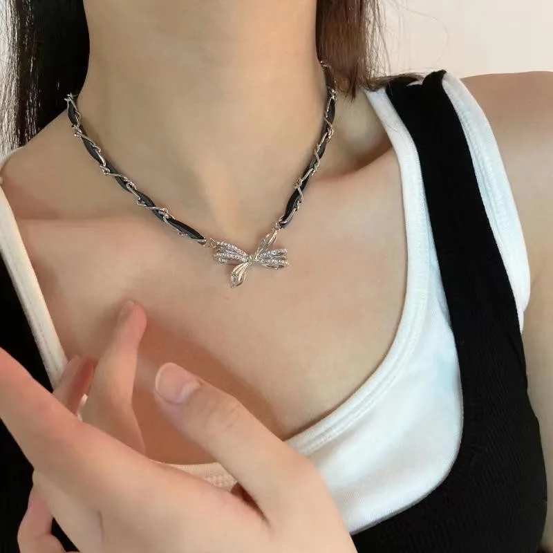 Silver leather hollowed out bow necklace high sense punk babes choker leather rope pendant collarbone chain
