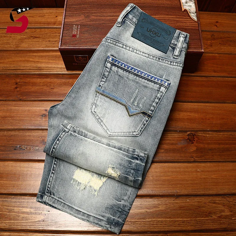 Celana pendek Denim Retro, Celana Bermuda model Korea, merek modis sobek kasual trendi, musim panas untuk pria