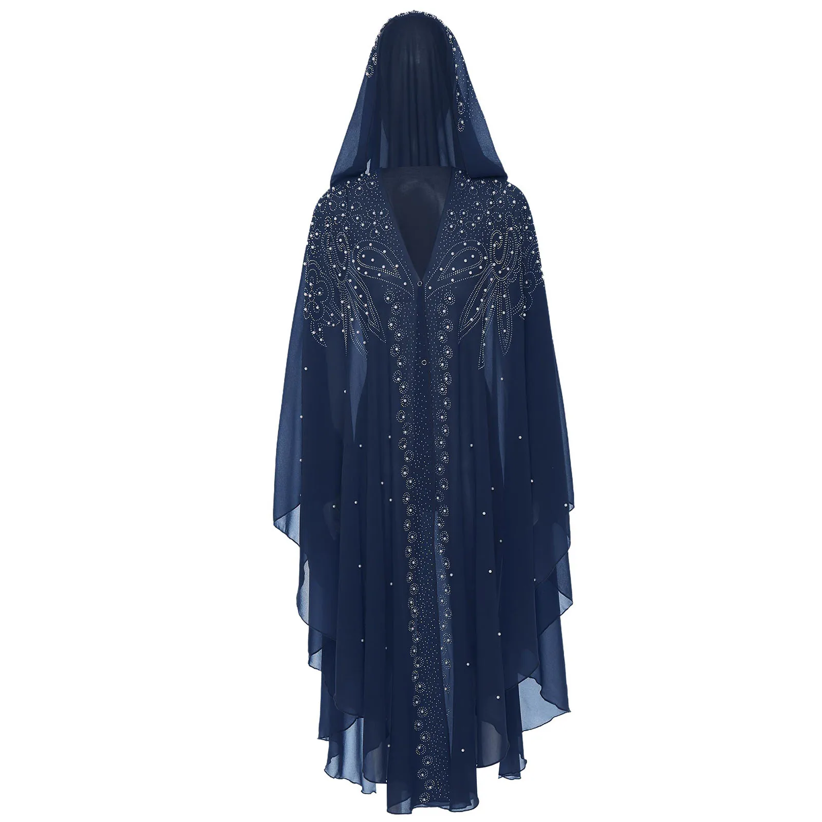 

Women Halloween Muslim Islamic Abaya Cosplay Robe Thobe Rhinestone Batwing Sleeve Hooded Kaftan Chiffon Robe Carnival
