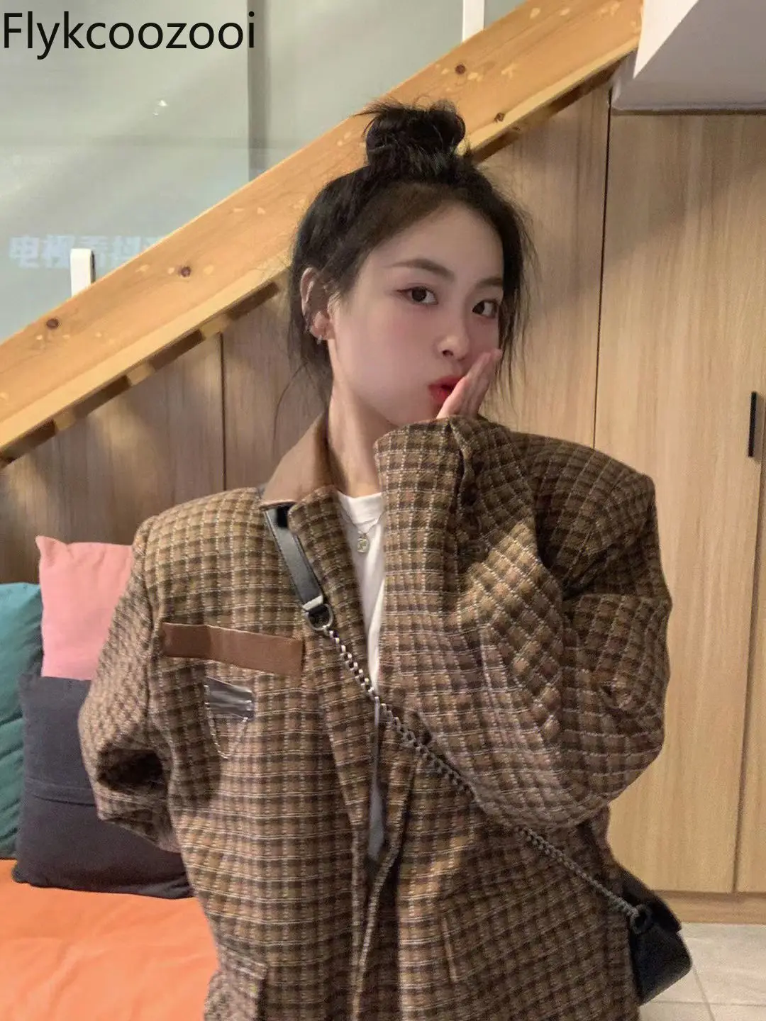 Design Sense Niche American Retro Plaid Coat Women 2024 Spring and Autumn New High-level Suit Jacket Blazer Femme