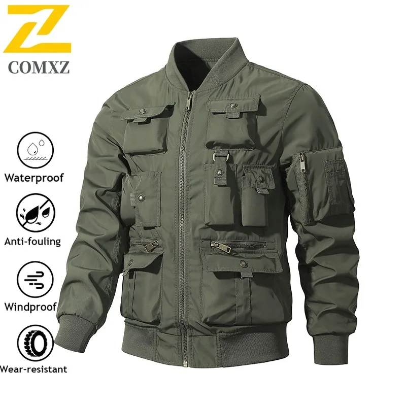 

Men Outdoor Tactical Jacket American Style Vintage Aviator Spring Autumn Baseball Multi-Pocket Stand Collar windproof Sportwear