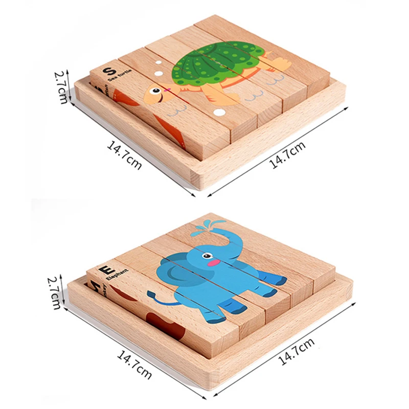 木製立体ストリップ動物ビルディングブロックモンテッソーリ交通恐竜パズル啓蒙おもちゃ 4 面パターンパズルおもちゃ