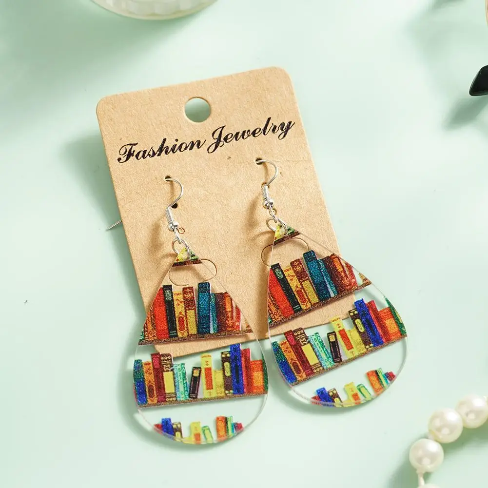 Acrylic Librarian Bookshelf Print Earrings Fashion Book Lovers Teardrop Wood Jewerly Gift For Woman Teacher Book Enthusiasts