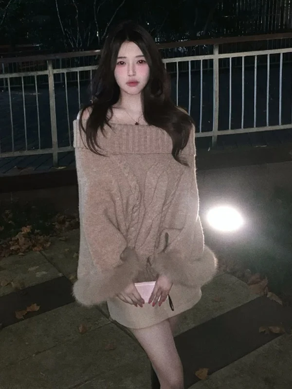 

Ретро-свитер на одно плечо, очень красивый, свободный крой, женский, в стиле lazy fashion, теплый, вязаный, с длинными рукавами, осень-зима