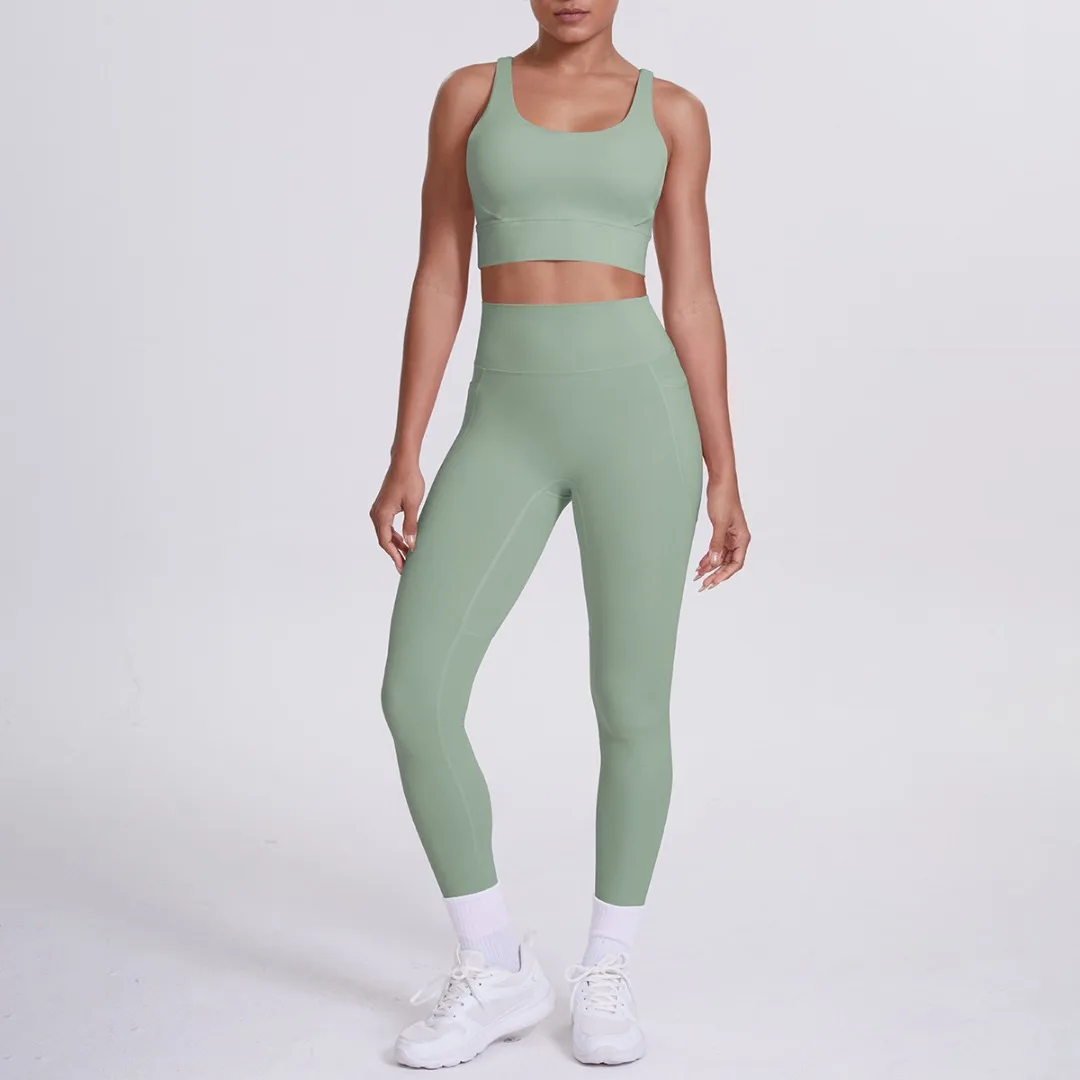 

Новый спортивный комплект одежды для йоги с перекрестной спинкой и открытой спиной, комплект одежды для йоги с высокой талией и карманом для бега, тренировочная одежда для бега, тренажерный зал, йога, комплект из 2 предметов
