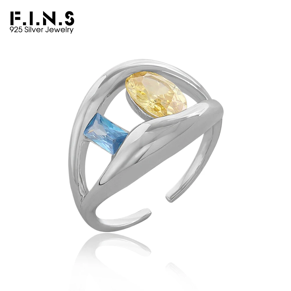 

F.I.N.S Original INS Style Luxury Yellow Blue Zircon S925 Sterling Silver Opening Rings Women Hollowed Adjustable Fine Jewelry