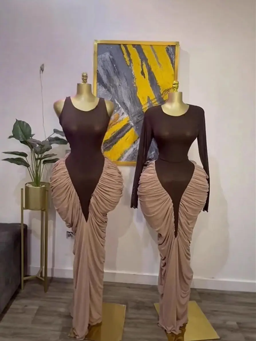 

Women Sexy Long Sleeve Patchwork Pleated Design Birthday Maxi Long Dress 2025 Vacation Party Festival Dresses Vestidos